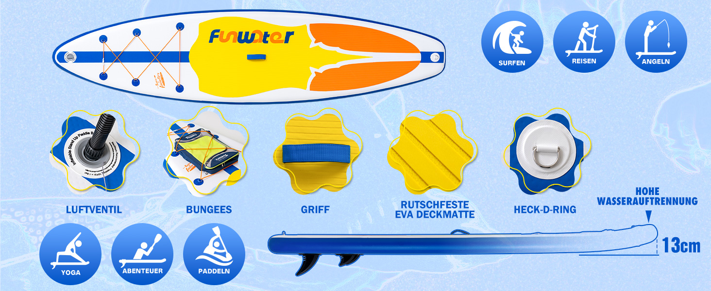 Надувне SUP-борд FunWater: комплект з аксесуарами (весло, насос, рюкзак, лінія, водонепроникний мішок)