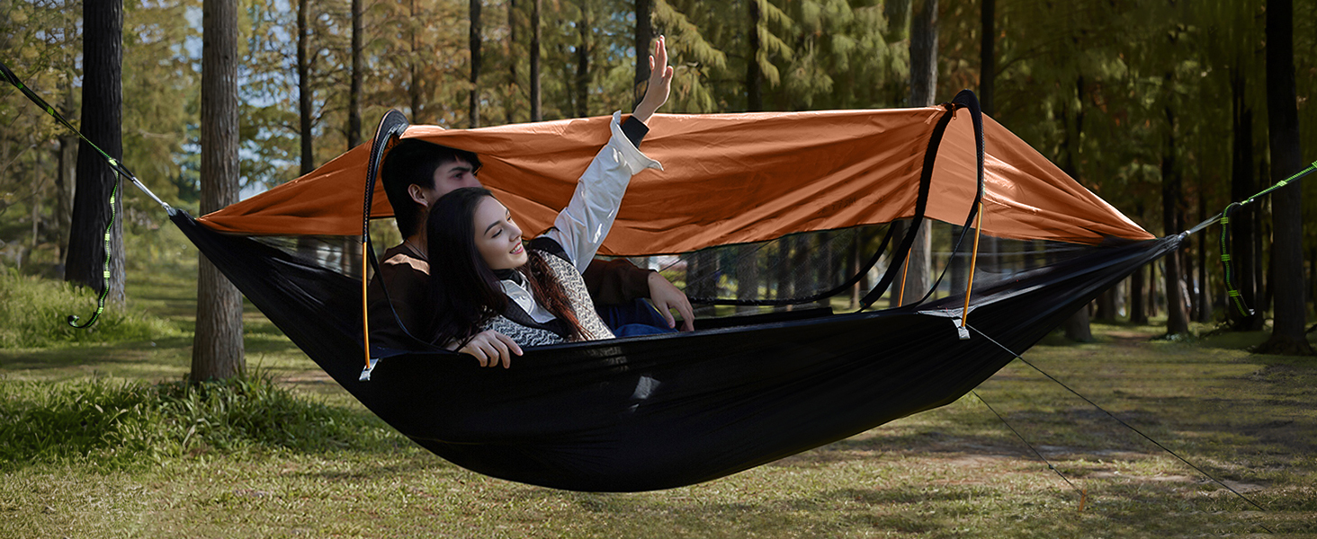 Гамак-намет Travel Bird з москітною сіткою та сонцезахистом, 290x140 см, великий простір, багатофункціональний, легкий, з ременями для кріплення до дерева, підходить для кемпінгу та відпочинку на природі (зелений/помаранчевий)