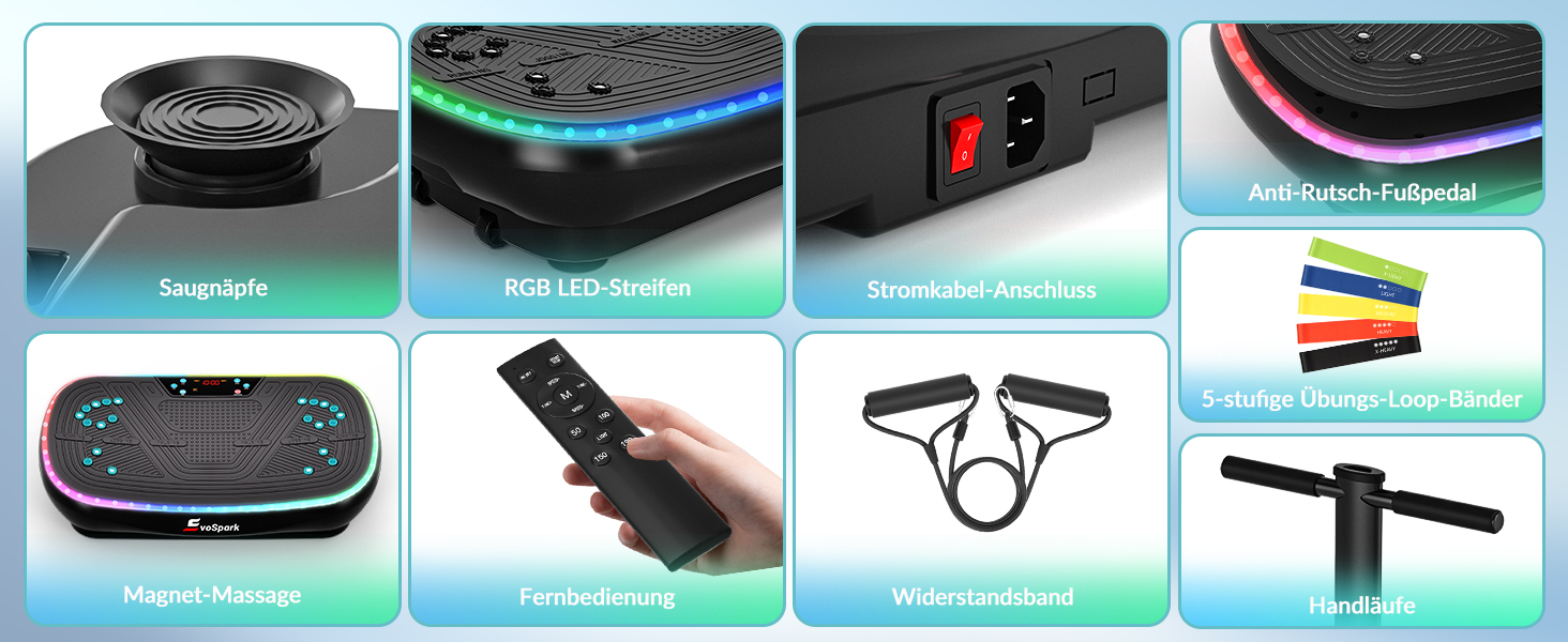 Vibrationsplatte EvoSpark 4D PRO 7-в-1: Тест-переможець 2025, 900W, 9 LED, 550 lbs, з ручкою для домашніх тренувань