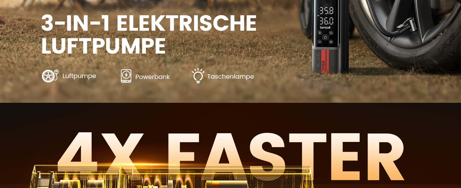 Електрична повітряна помпа Lamicall з акумулятором для велосипеда, авто, мото - 150 PSI, компресор з цифровим манометром та Powerbank, 5000mAh з металевим циліндром