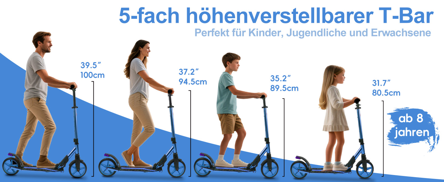 Скутер Lamborghini Tretroller Cityroller з великим колесом, складаний, регульована висота, для дорослих та дітей, з підставкою, передньою амортизацією та гальмом на задньому колесі, синій, до 100 кг