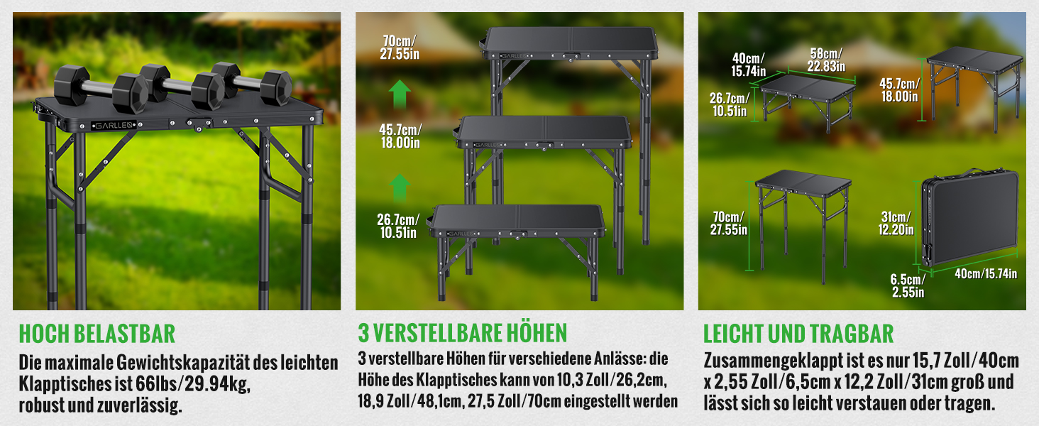 Складаний туристичний стіл Garllen 87x40 см, 3 висоти (26/48/70 см) – для кемпінгу, пікніка, саду, грилю