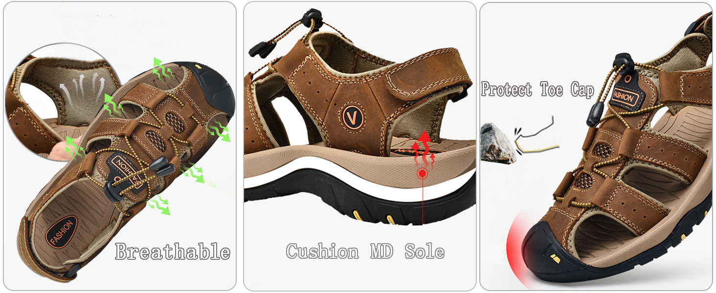 Чоловічі сандалі з натуральної шкіри для пляжу, піших прогулянок та туризму. Легкі, дихаючі сандалі для активного відпочинку та риболовлі. Розмір 43 EU, колір коричневий.