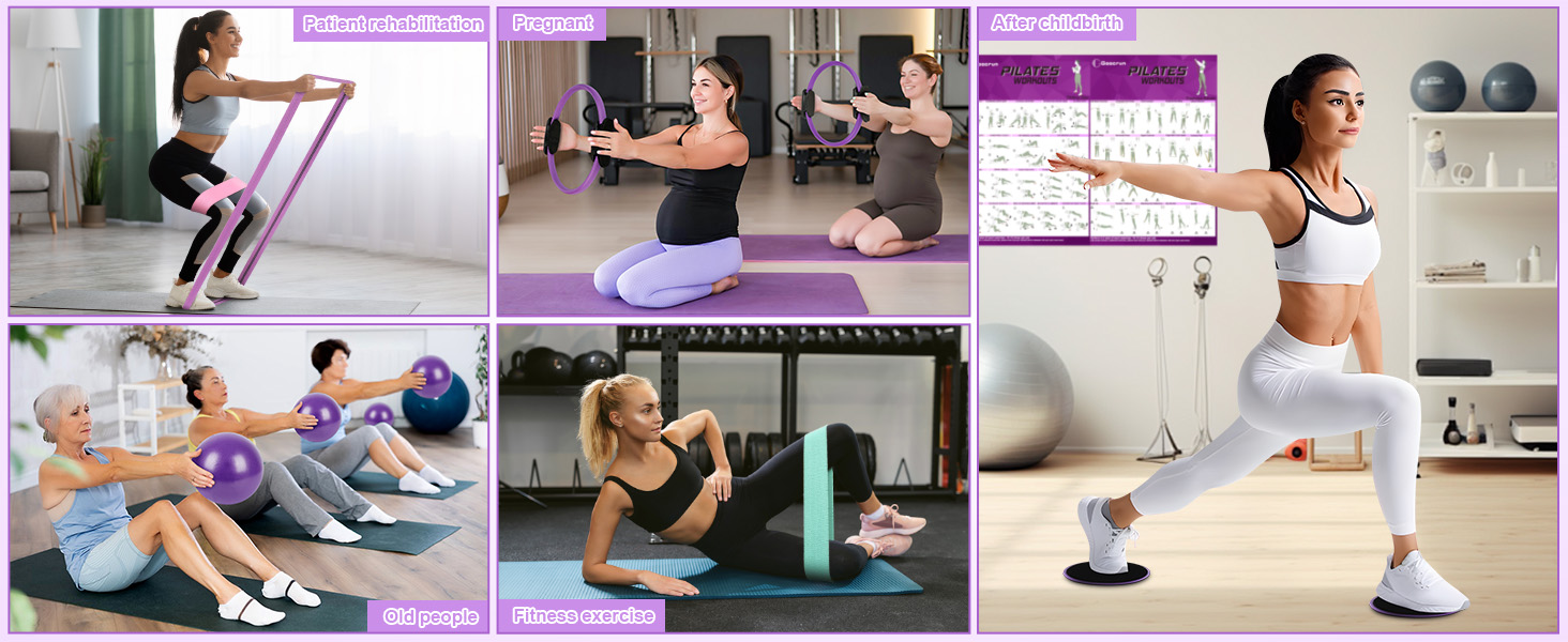 Набір для пілатесу: кільце, еластичні стрічки, м'яч, диски для ковзання. Комплект для фітнесу вдома з інструкцією. (Чорний, посилений, фіолетовий)