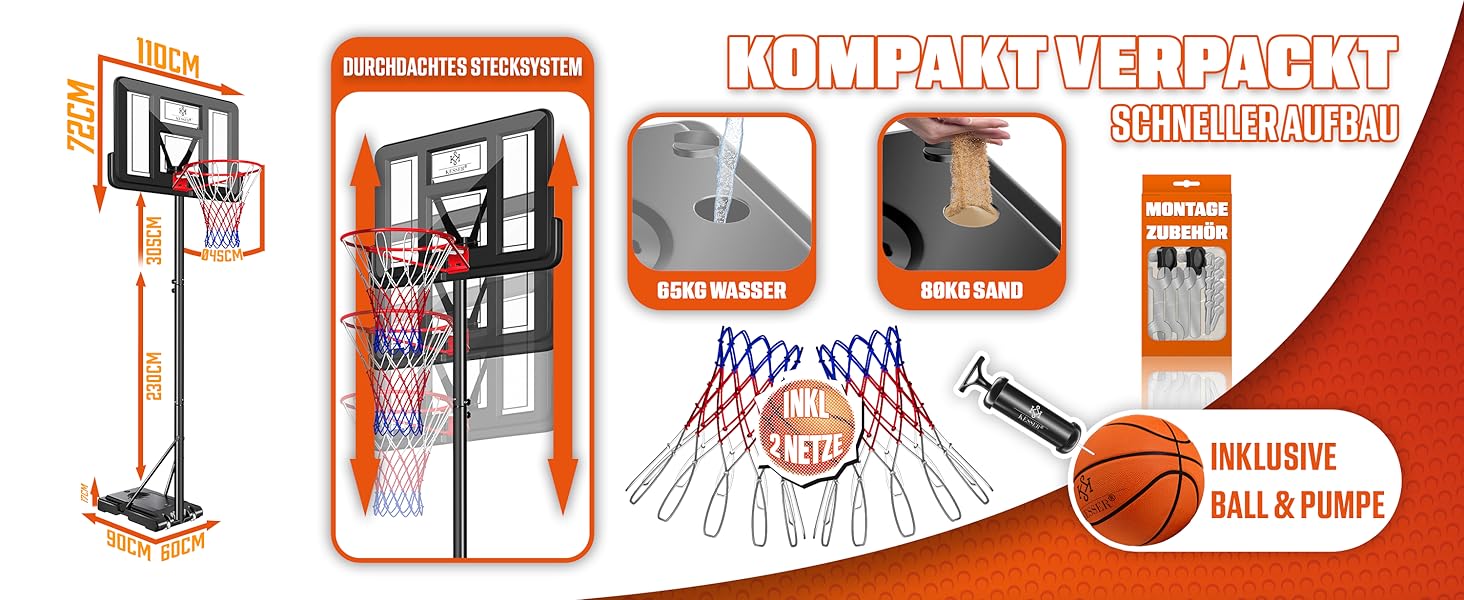 Курка баскетбольна KESSER® Outdoor зі стійкою та колесами. В комплекті 2 сітки, м'яч та насос. Регульована висота 230-305 см. Чорний колір. Підходить для дорослих та дітей.