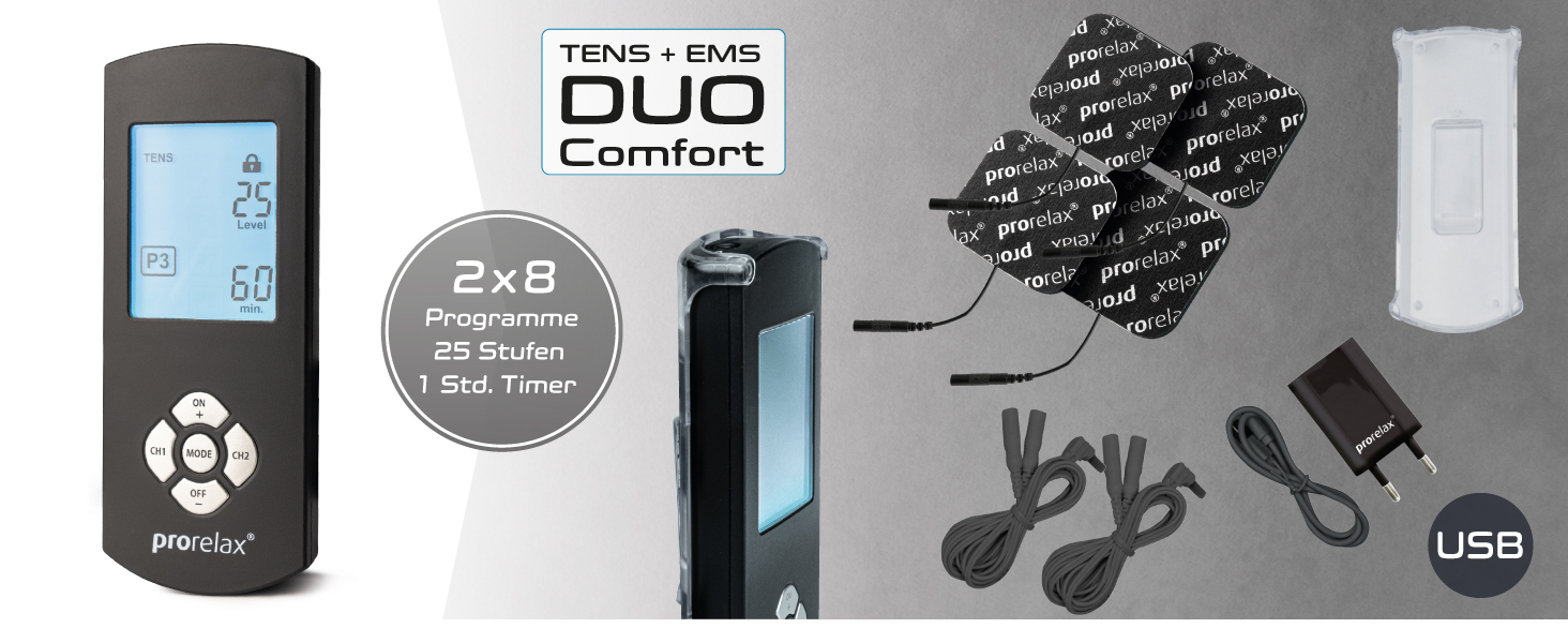 Prorelax TENS/EMS Duo Comfort Blackline: електростимулятор для м'язів та зняття болю | 2 терапії в одному пристрої, великий дисплей
