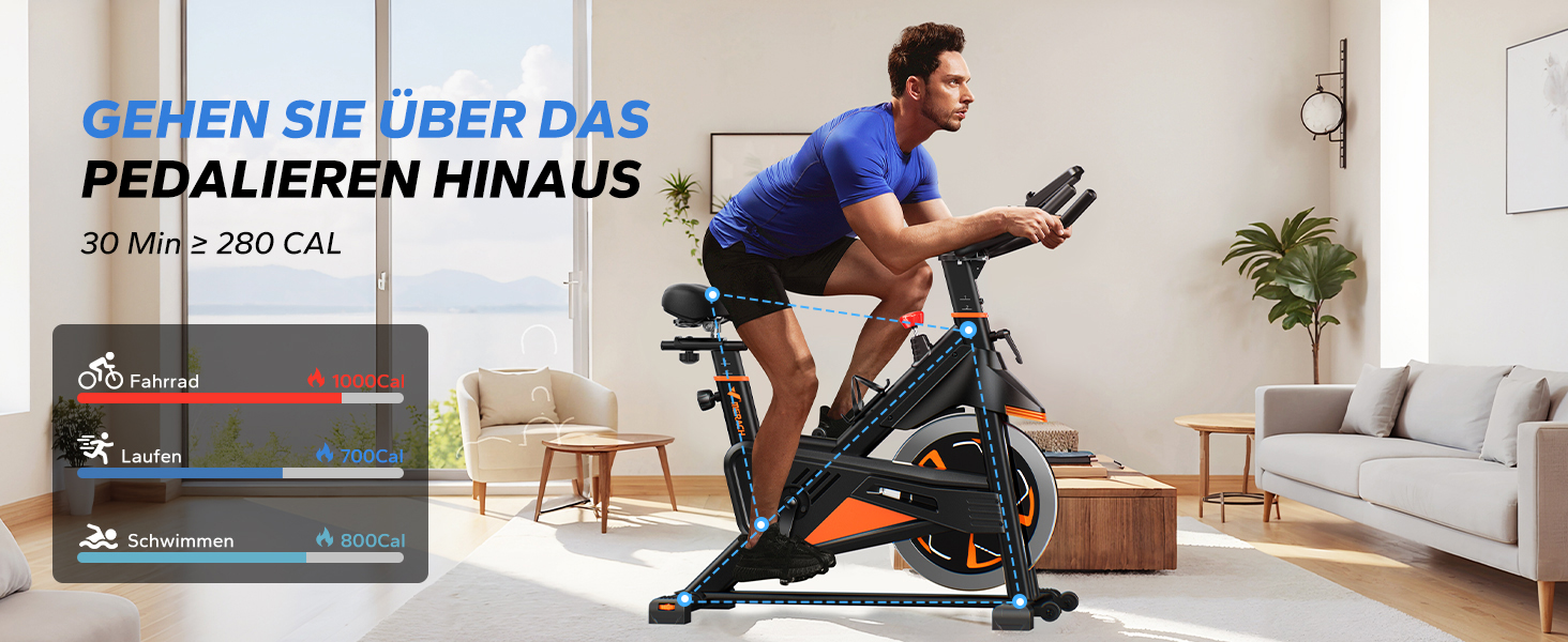 Велотренажер MERACH з магнітним опором, тихий, з амортизованим сидінням, LED-монітором та власним додатком для кардіотренувань вдома, помаранчевий