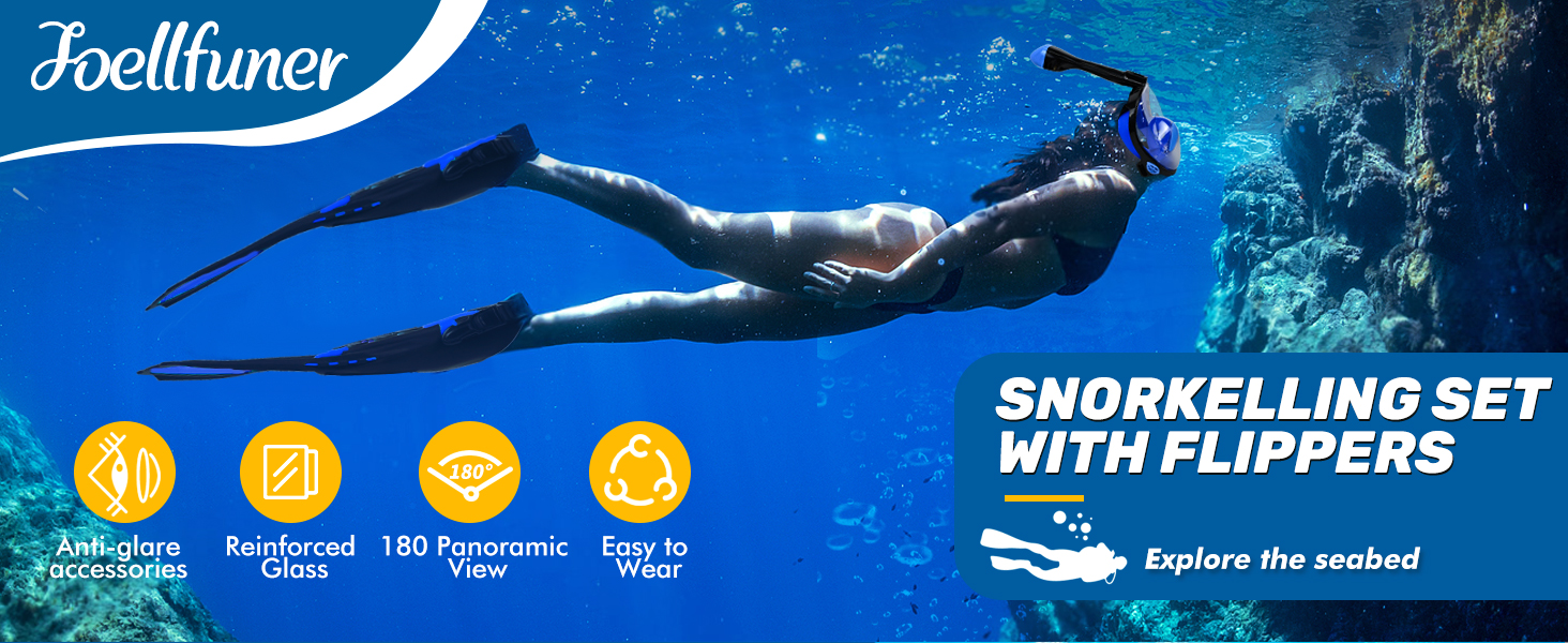 Набір для снорклінгу та дайвінгу для дорослих: маска-половинка, ласти, чохол. Широкий огляд 180°, фіксація камери, регульовані ласти