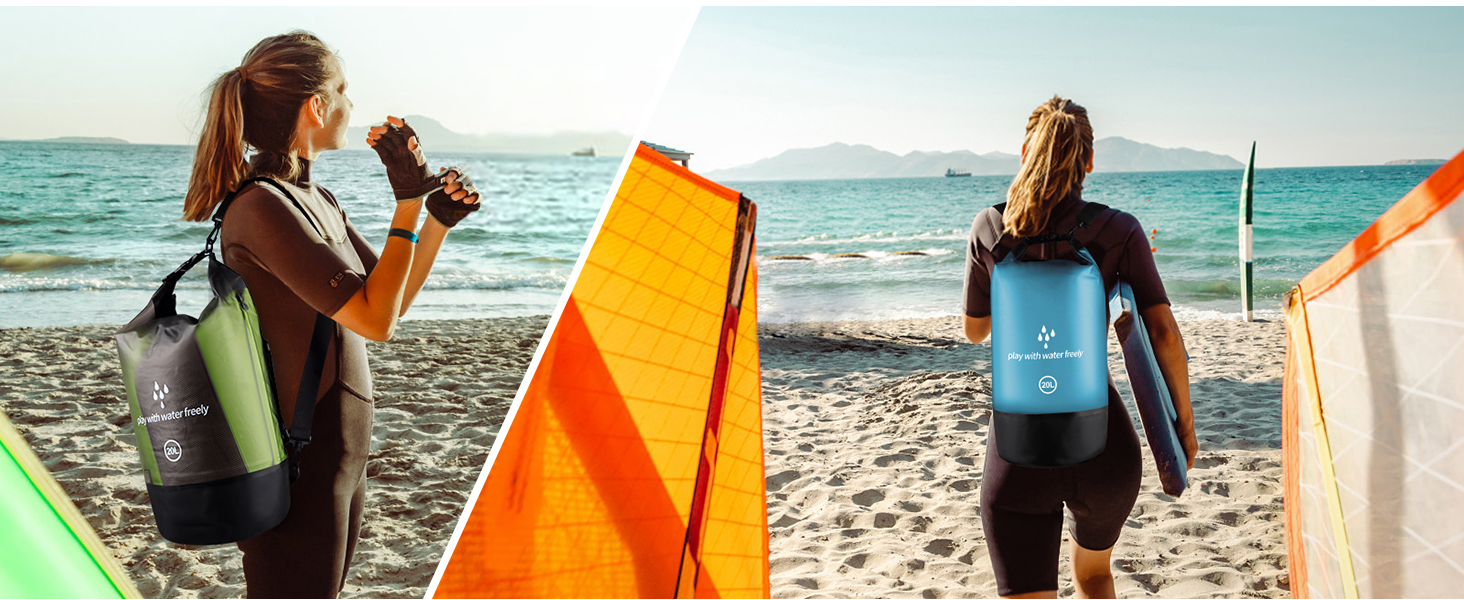 Водонепроникний сухий мішок GES 20 л Roll-Top з кишенею для телефону - для каякінгу, сплаву, кемпінгу та риболовлі (Світло-блакитний)