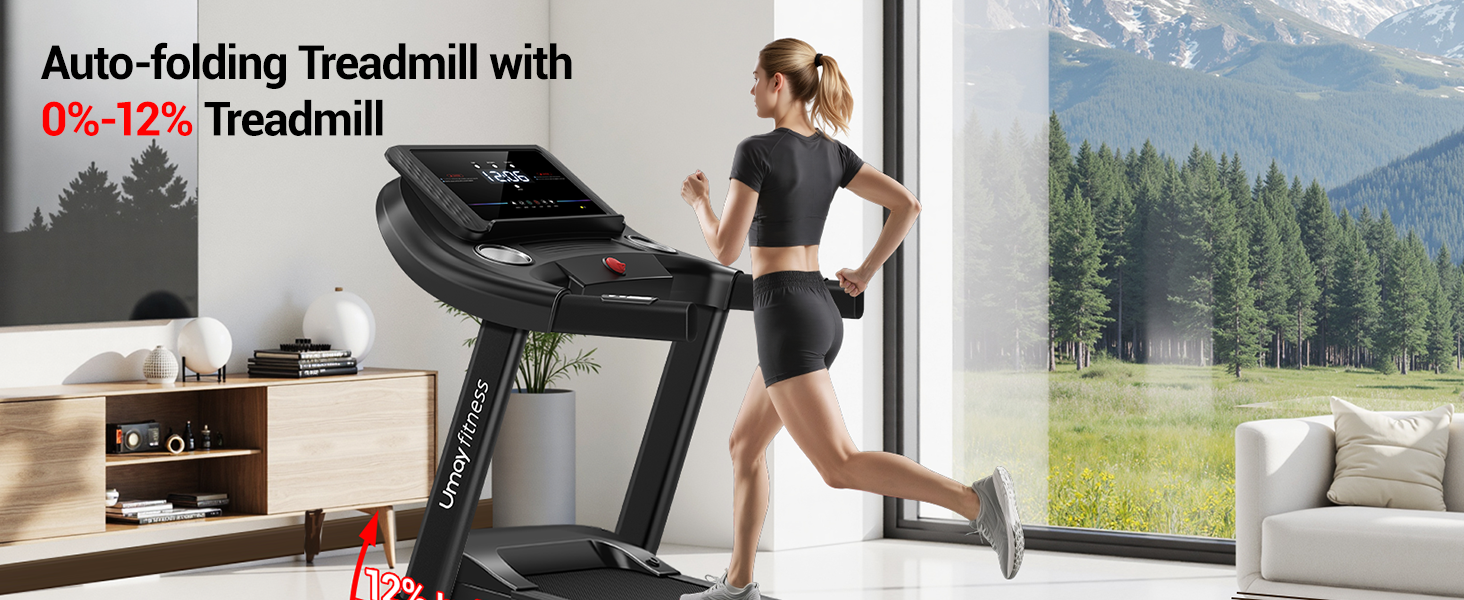 Біговий тренажер UMAY з нахилом 14 км/год, складаний для дому з мотором 3.0 PS та 3 рівнями нахилу, 12 програм тренувань, максимальне навантаження 136 кг, нахил 15%