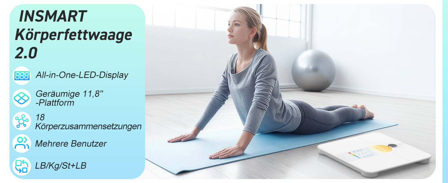 Інсмарт Розумна вага з великим дисплеєм, 227 кг/500 фунтів, аналіз складу тіла, Bluetooth, APP, 18 показників (BMI, вага, жир, пульс, м'язи). Білий/Помаранчевий