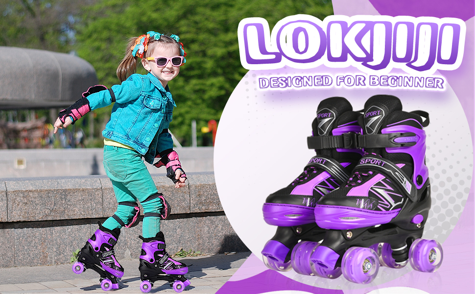 Дитячі ролики LOKJIJI для хлопчиків та дівчаток, регульовані, 4 розміри, фіолетово-білі та чорно-білі (M, чорний & фіолетовий)