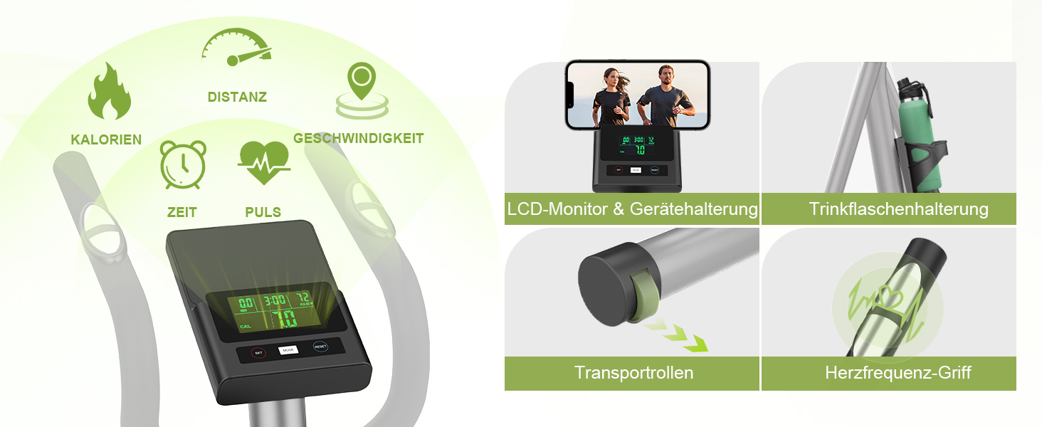 Еліптичний тренажер для дому з LCD-монітором (Bluetooth), 16 рівнів опору, транспортні колеса, до 130 кг
