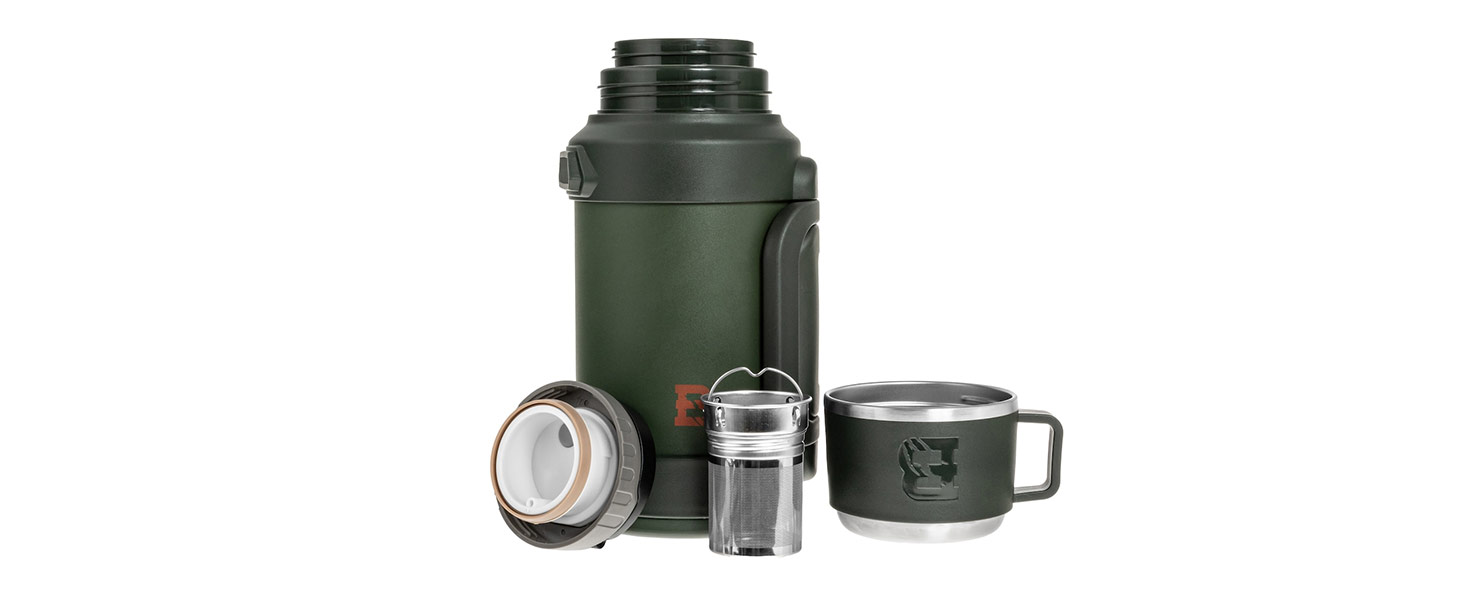 Термос Badger Outdoor Big Boy 1,3 л з нержавіючої сталі, із чайним ситечком, вакуумною ізоляцією, зберігає тепло до 24 годин, з ремінцем для перенесення, оливковий зелений