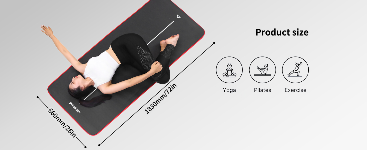 PROIRON Килимок для гімнастики та йоги, тренувальний килимок для дому, 183x66x1 см, чорний/червоний