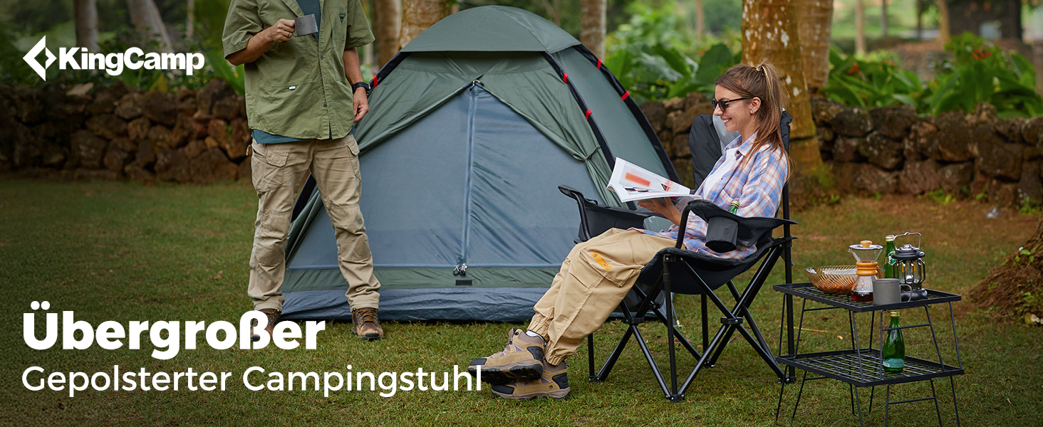 Складний туристичний стілець KingCamp для відпочинку, риболовлі та саду. Міцний, з регульованою підтримкою попереку, кишенькою-холодильником та підлокітниками. Максимальне навантаження: 205 кг. Чорний класичний колір.