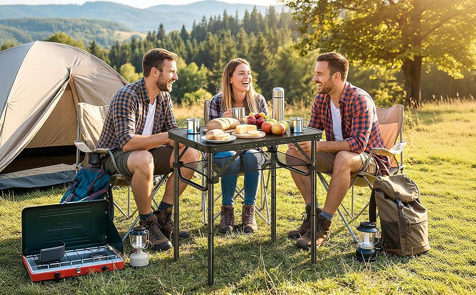 Складний кемпінговий стіл Outsunny 60 см з сітчастою кишенею, 4 регульовані висоти, чорний