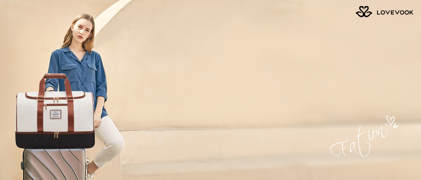 Сумка-валіза LOVEVOOK для жінок, 37L, для подорожей, вихідної подорожі, пологового будинку з косметичкою, відділенням для взуття та мокрих речей, водонепроникна спортивна сумка, Gym Yoga Bag, ручна поклажа для спорту, відпустки, літака, бежево-рожева