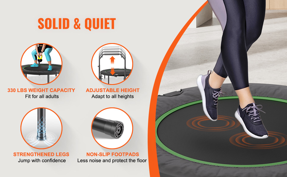 Міні-батут VEVOR для фітнесу та рекреації, діаметр 1027 мм, вантажопідйомність 150 кг, з регульованою ручкою та 32 пружинами