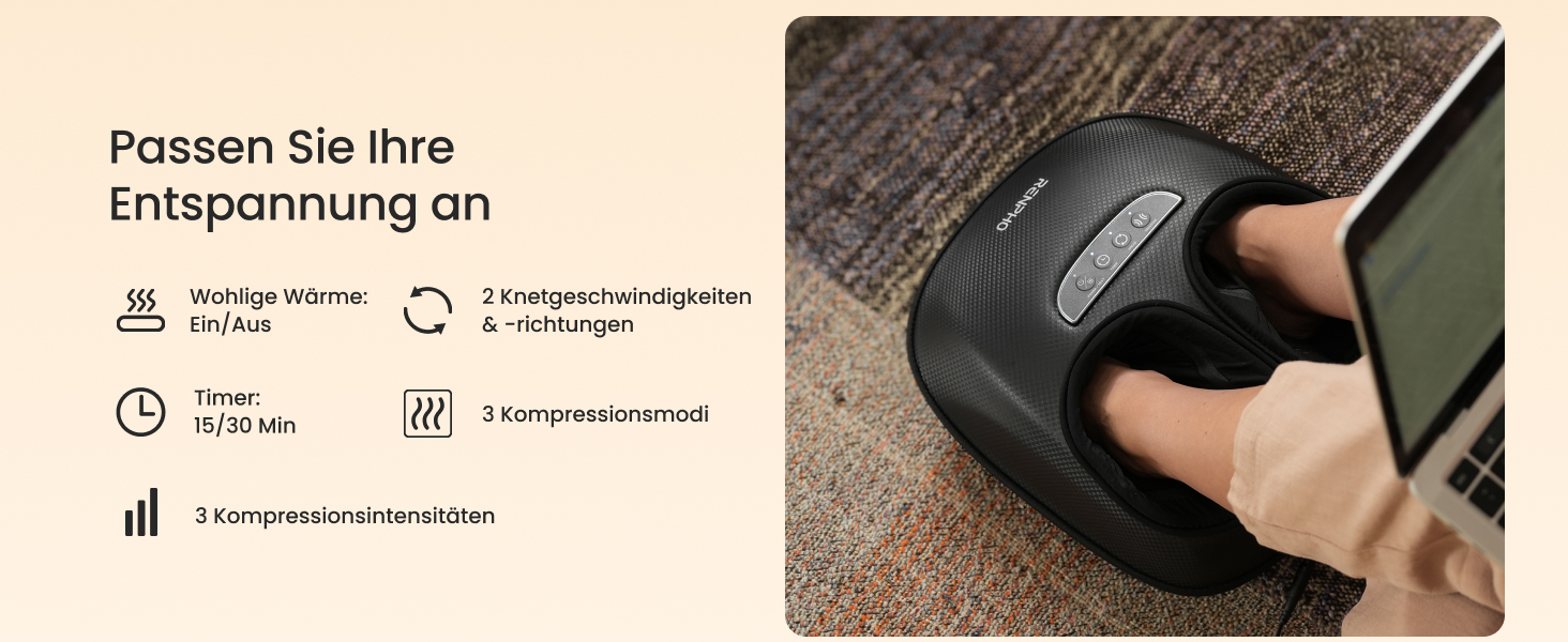 Масажер для ніг RENPHO з підігрівом, 3 режими та рівні компресії повітрям, Shiatsu масаж для всієї стопи при п'ятковому фасціїті, PU-шкіра, подарунок на Різдво для жінок та чоловіків, розмір до 47, чорний