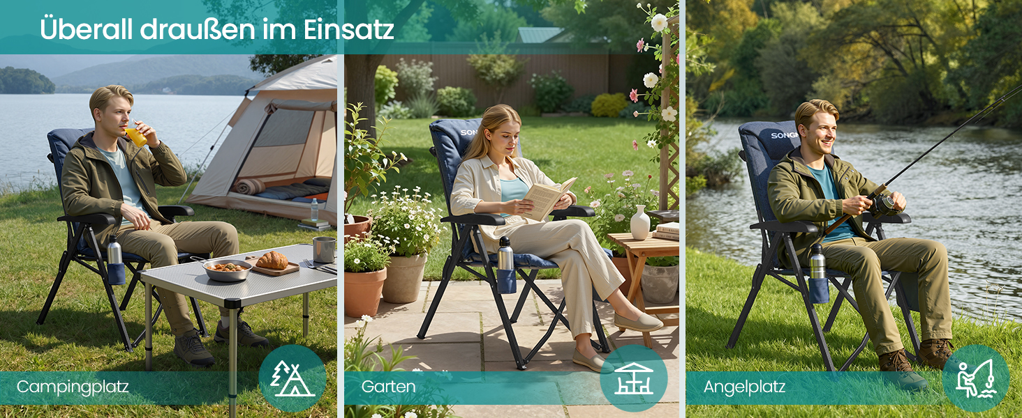 Складний туристичний стілець SONGMICS для відпочинку та риболовлі, з регульованою спинкою, підстаканником та кишенею, блакитний