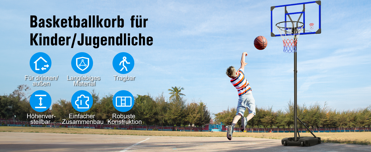 Баскетбольний кошик Outdoor зі стійкою, регульована висота 147-260 см, міцна задня стінка 82x53 см, збільшений діаметр основи та колеса, для гри в приміщенні та на вулиці (Блакитний)