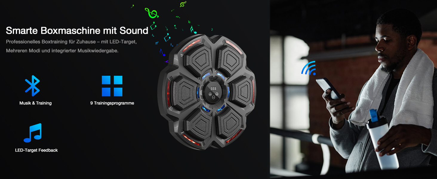 Музична бокс-машина FOOING зі світлодіодами, Bluetooth та рівнями швидкості для дорослих та дітей. Тренувальний пристрій для зняття стресу з боксерськими рукавичками для домашніх тренувань. Інтелектуальне фітнес-обладнання.