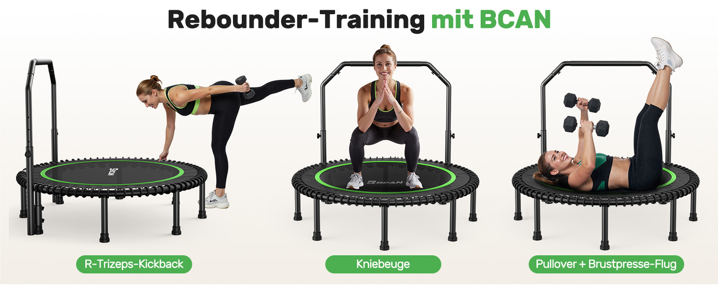 Трамплін для дорослих BCAN Rebounder 122 см, до 250 кг, з регульованою ручкою, для дому та вулиці, тренування всього тіла, зелений