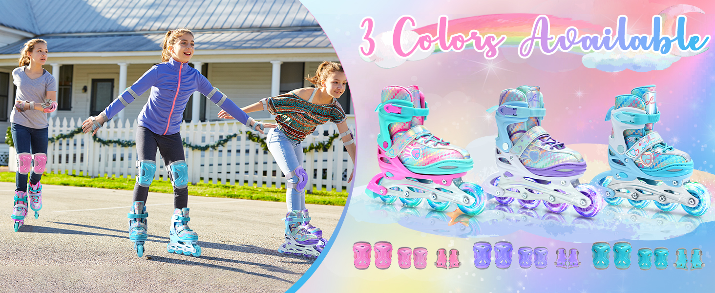 Дитячі ролики Sportneer з регулюванням 30-41, комплект з 6 захисниками та LED, рожевий, EU 34-37