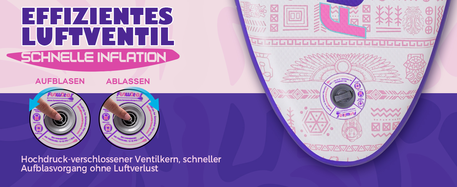 Надувний SUP Борд FunWater 10'6'-11'6' – для початківців та сімей, з антиковзким EVA-деком, веслом, насосом та аксесуарами (10'6-TIKI-Pink/Violett/Weiß)