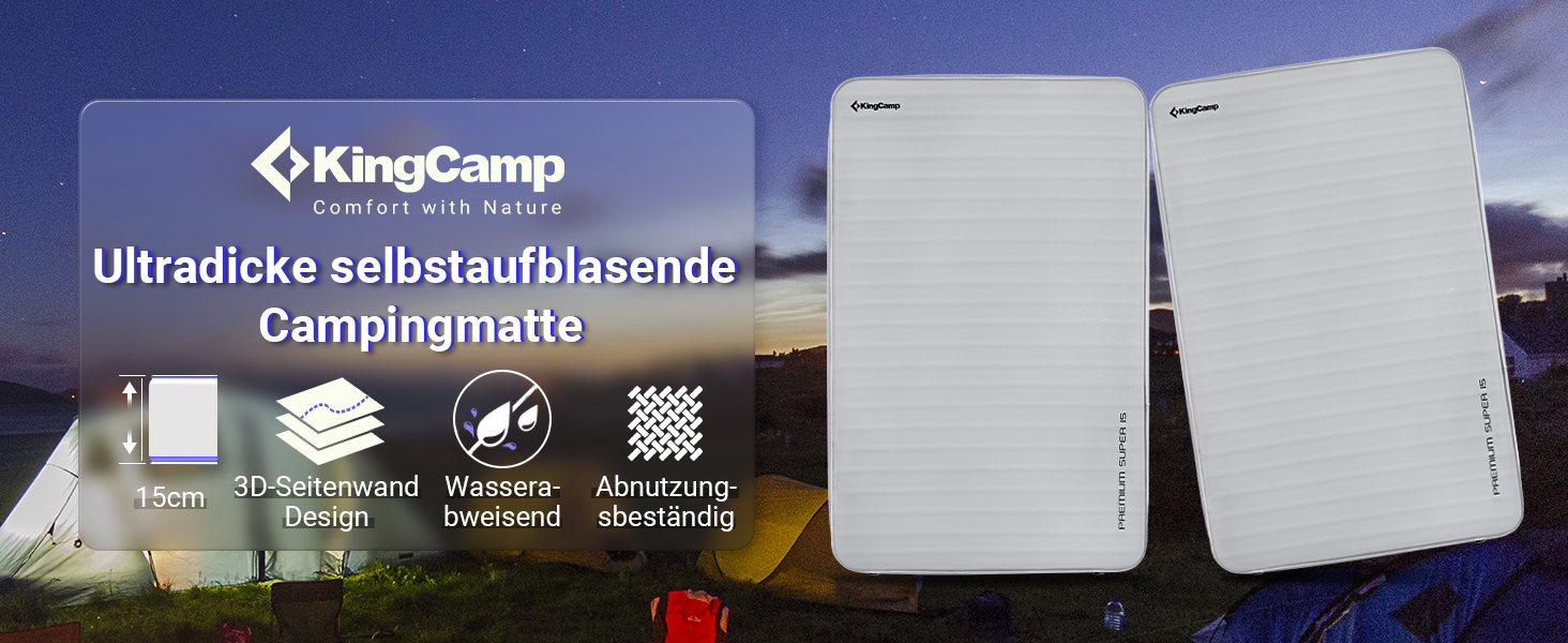 Каремат самонадувний KingCamp R-Wert 7.5-15.5 Super Komfort для кемпінгу (2 особи, сірий, 15 см)