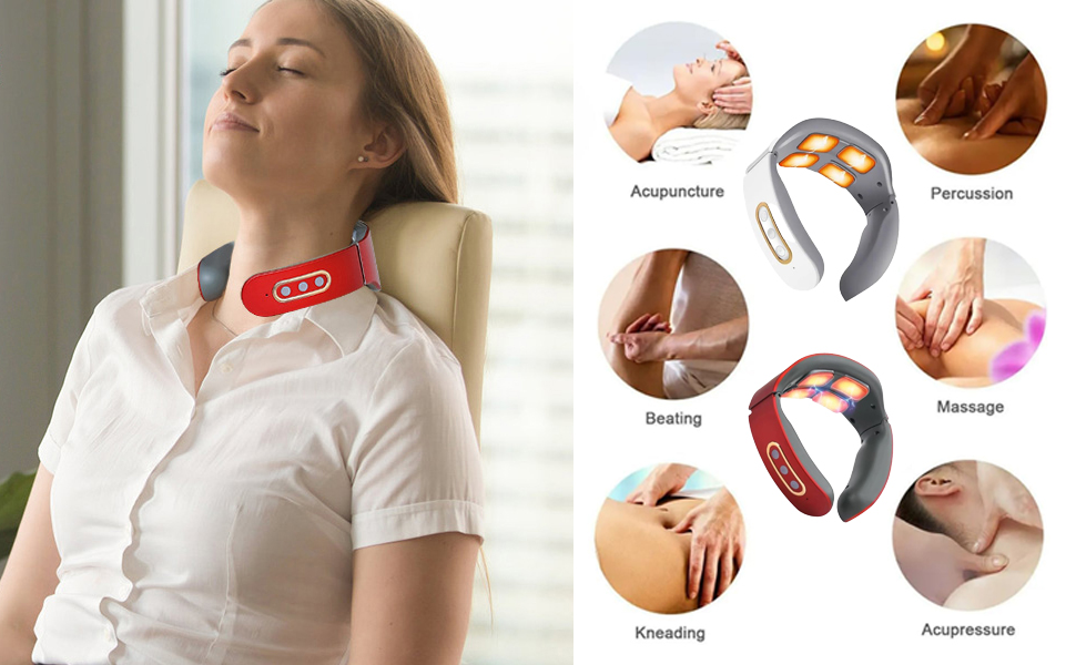 Масажер для шиї Neurotex Lefaya Nurotex 11-в-1: бездротовий, з підігрівом 42°C, 9 рівнів інтенсивності та 6 режимів, електричні імпульси проти болю та напруги (червоний)