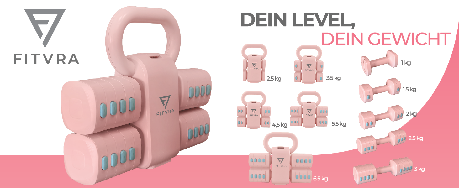 Регульовані гантелі 2 в 1 + гвинтівка (kettlebell) – Набір гантелей для жінок, Рожеві, короткі гантелі 1–3 кг & гвинтівка 2,5–6,5 кг, з 3 еластичними стрічками та інструкцією