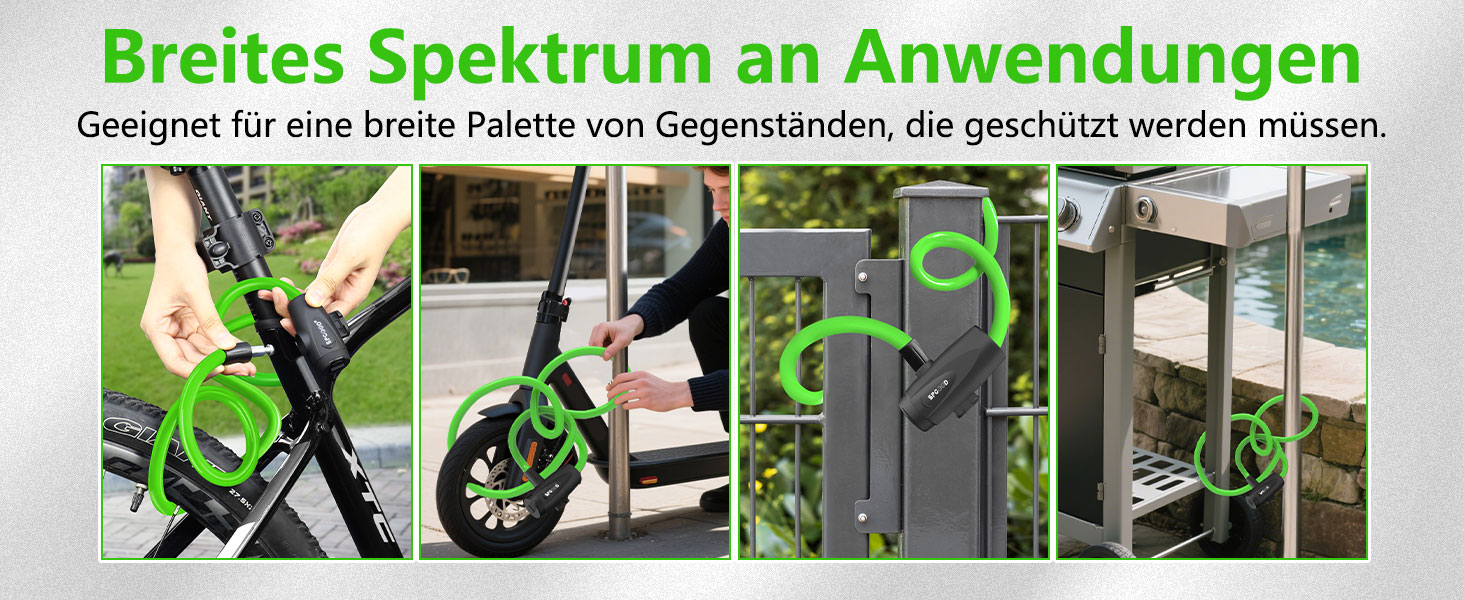 Замок для велосипеда 120см/12мм, високий рівень безпеки, кабельне спіральне кільце з 2 ключами, анти-крадіжка, для велосипеда, триколісного велосипеда, мотоцикла, скутера (зелений)