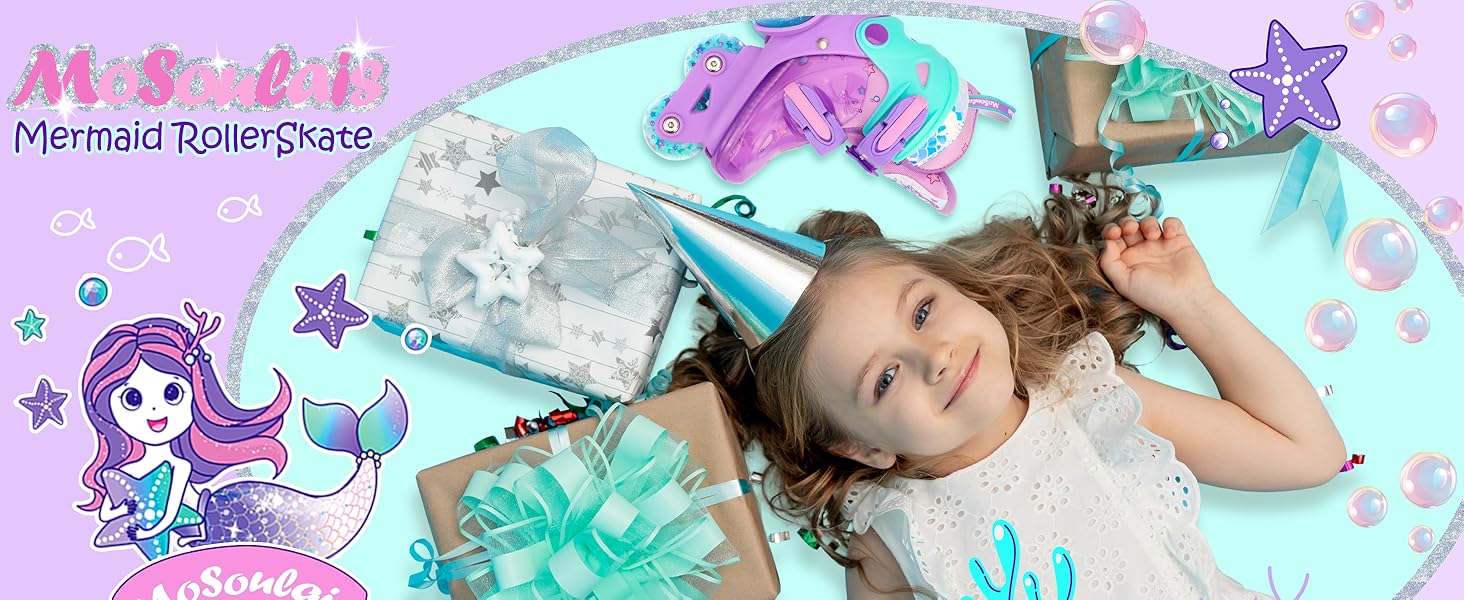 Дитячі ролики Kinder Rollschuhe для дівчаток та хлопчиків, Єдиноріг, Русалка, світлові колеса, 4 розміри, регульовані, для початківців, подарунок на Новий рік та день народження (XS(27~30), Русалка фіолетовий)