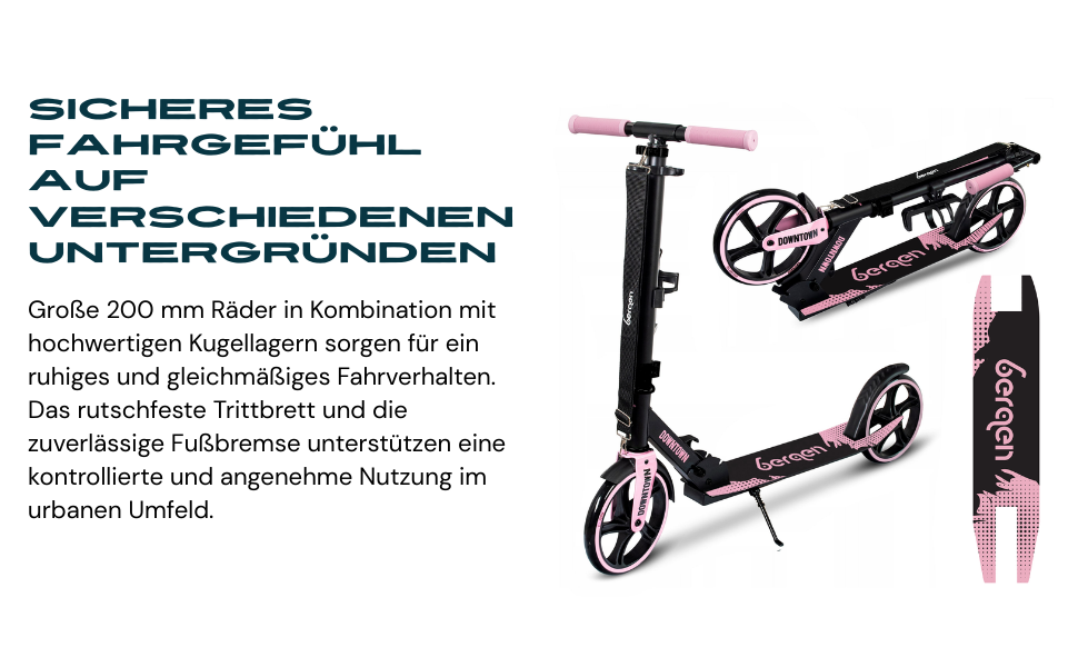 Самокат міський Bergen City Scooter Downtown, алюмінієвий, складаний, 3.3 кг, колеса 200 мм, регульована висота, для дітей від 6 років, підлітків та дорослих до 100 кг, чорний/рожевий