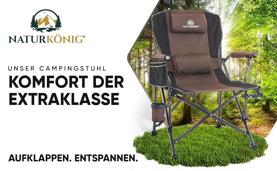 Зручний складаний стілець для кемпінгу та риболовлі (колір: коричневий) | Макс. навантаження: 160 кг | З подушкою, кишенями та тримачем для напоїв