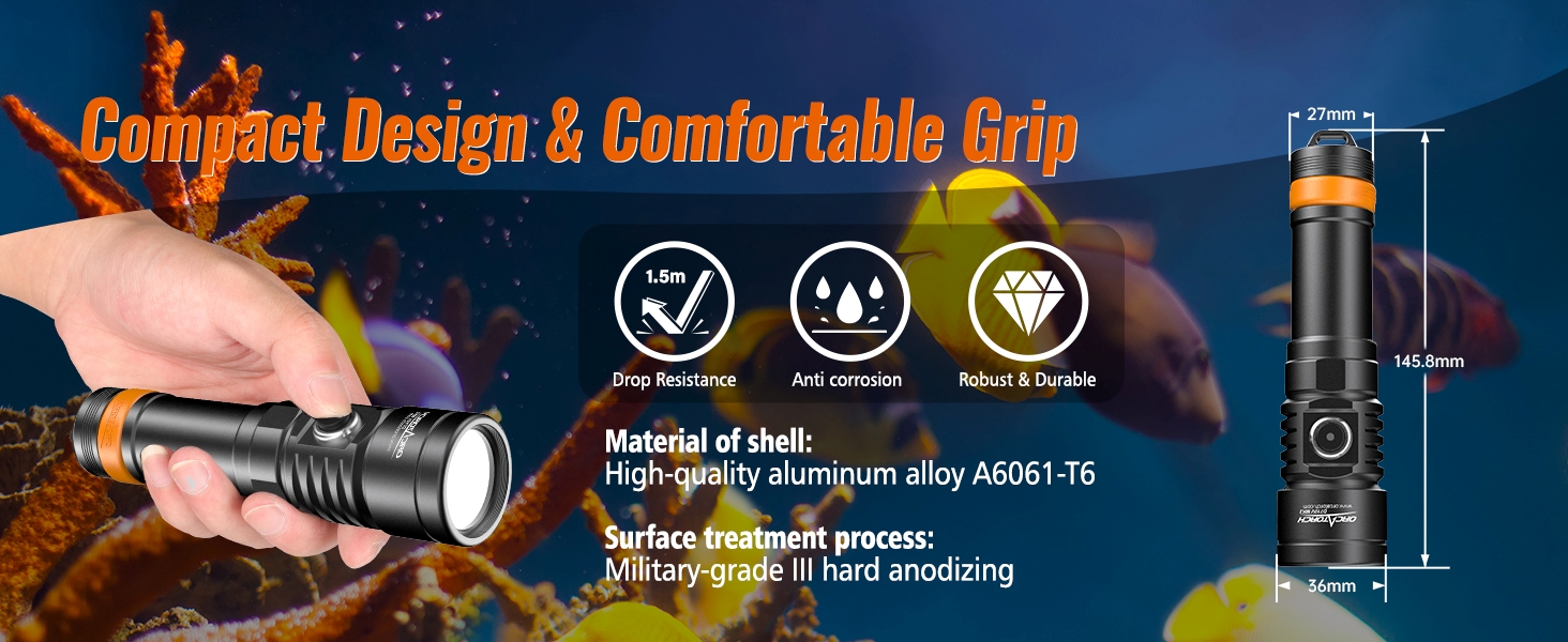 Ліхтар підводний ORCATORCH D710V MK2 з 2300 люменів, білий+UV+червоний світлодіодний, IP68 водонепроникний, 150м, для відеозйомки, дайвінгу, кемпінгу