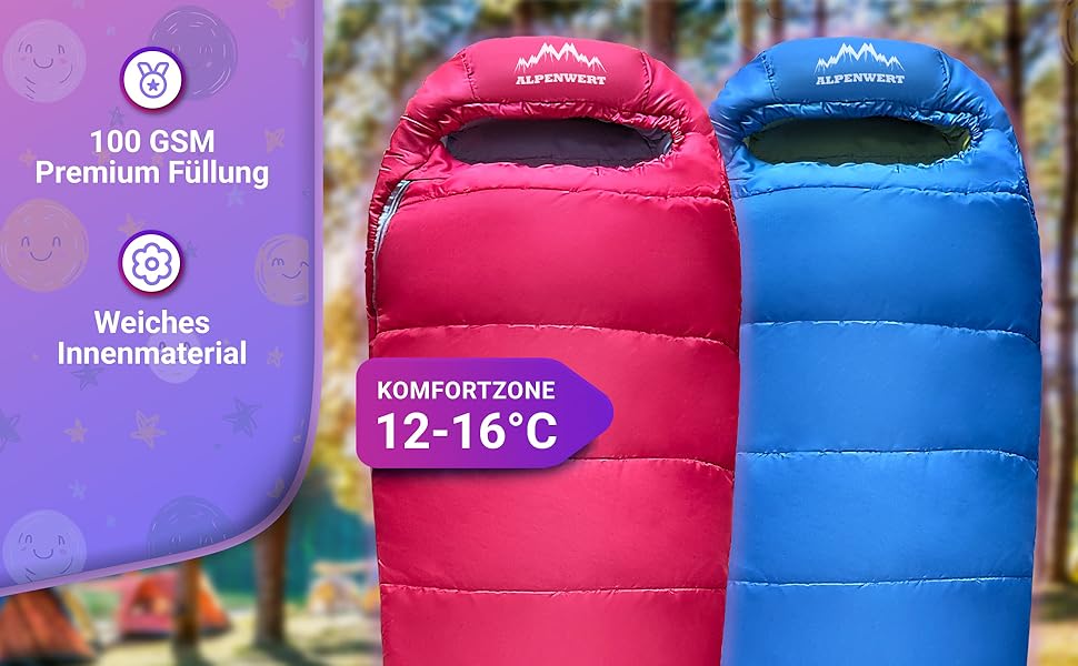 Дитячий спальний мішок Alpenwert® для літа – росте разом з дитиною! [130–170см] – Вага 920г, компактний [32×19см] – Ідеально для кемпінгу, фестивалів, відпочинку на природі – спальний мішок-кокон для дітей від 6 років, рожевий/світло-блакитний