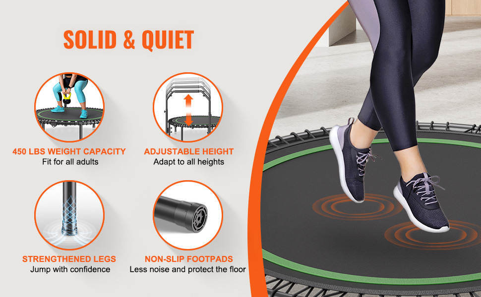 Міні-трамплін VEVOR для фітнесу та ребаунду, діаметр 1295 мм, вантажопідйомність 205 кг, з регульованим руків'ям та 42 ременями