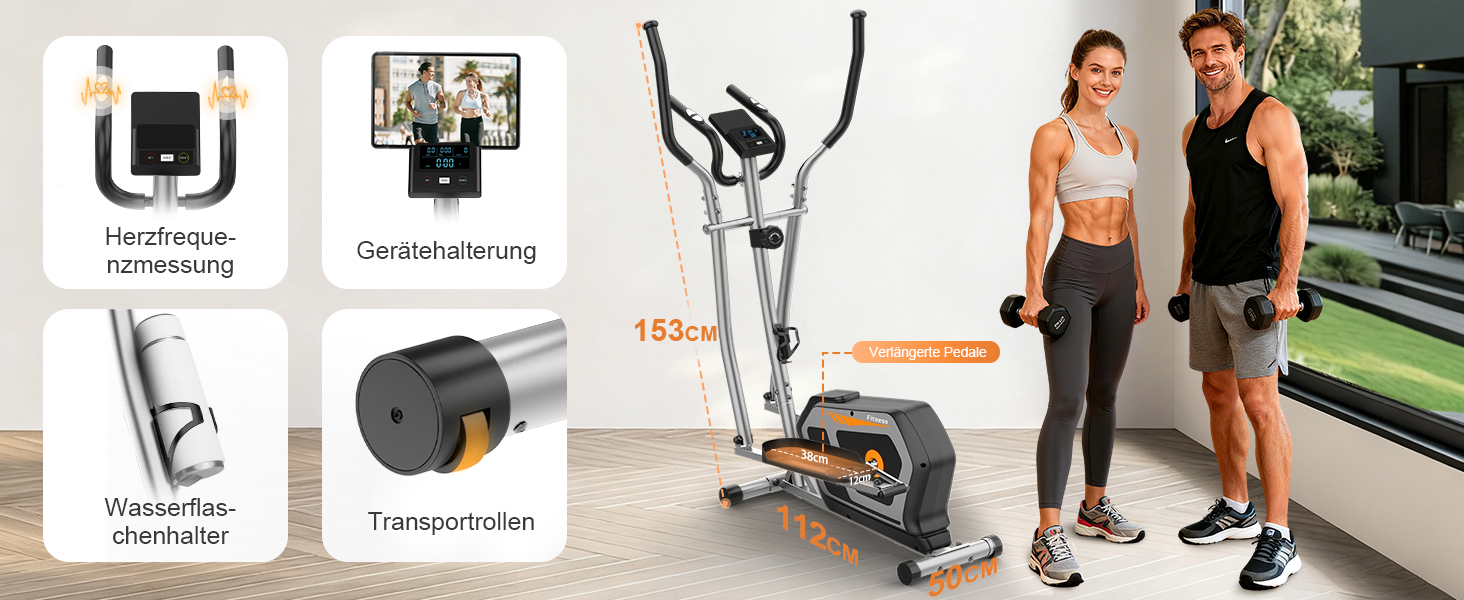 Еліптичний тренажер Crosstrainer 3-в-1 для дому з регулюванням навантаження, LCD-монітором та тримачем для пляшок (Оранжевий + Срібний)