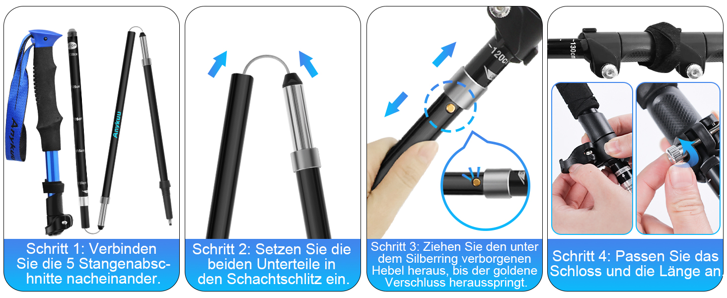 Туристичні палиці Anykuu Складні 110-130 см Палиці для скандинавської ходьби Туристичні палиці Телескопічний ударостійкий ультралегкий рюкзак для кемпінгу синій
