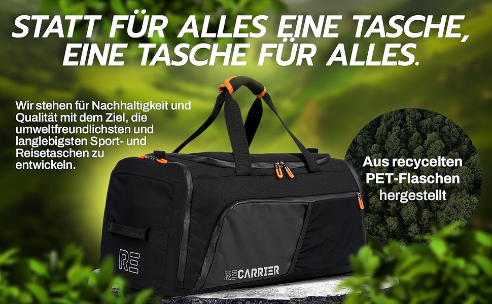 Спортивна сумка [з переробленого PET] 50L – Gym Bag та рюкзак в одному – водонепроникна сумка для тренувань чоловіча/жіноча – спортивний рюкзак з відділенням для взуття, фітнес, велика дорожня сумка (Pinewood Green)