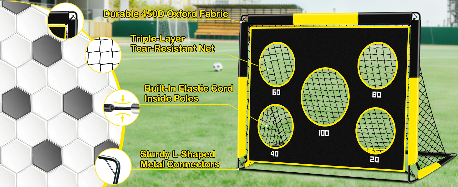 Дитячі воріта для футболу 2-в-1, 150х120 см, портативні та стабільні, з 5 цілями, 4 анкери та сумка, для саду, парку, пляжу (жовті)