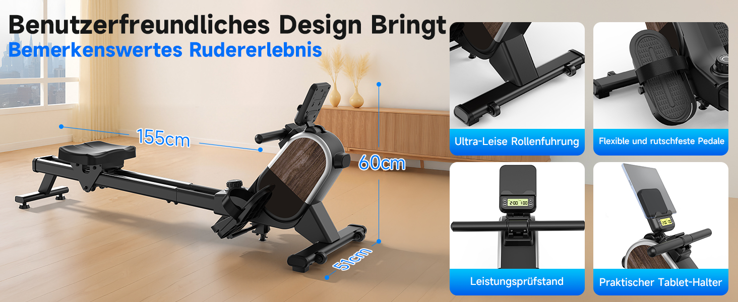 Гребний тренажер CHAOKE для дому, 2026 року, тихий магнітний, сумісний з додатком, 16 рівнів опору, покращені подвійні рейки, витримує до 160 кг (колір: коричневий)