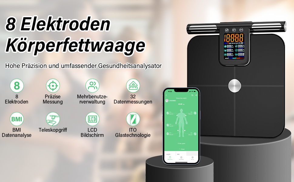 Вага для вимірювання жиру в тілі з датчиками рук, 8 електродів, цифрова вага з LCD дисплеєм, точна вага для вимірювання жиру та м'язової маси з APP, 32 показники, для вимірювання жиру, ІМТ та інше FRKG78-BT