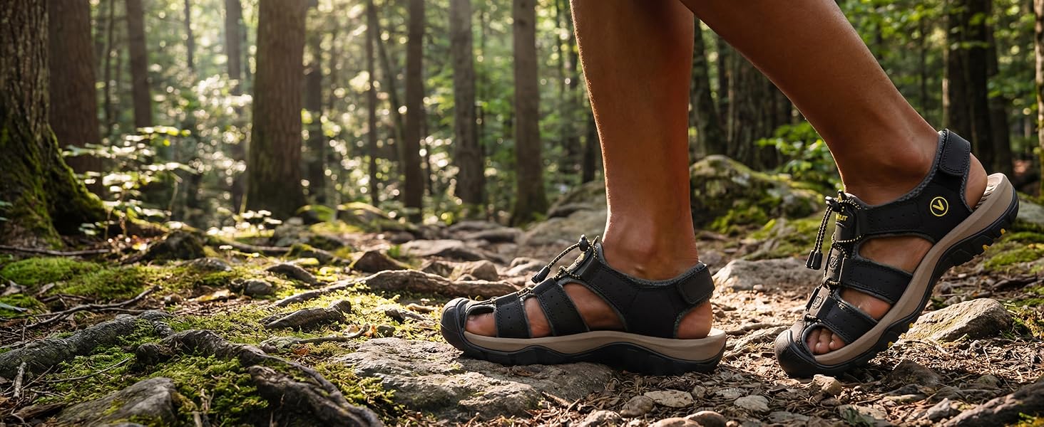 Чоловічі сандалі FLARUT для туризму, піших прогулянок та пляжу. Шкіряні трекінгові сандалі, спортивні літні кросівки 43 EU, чорні