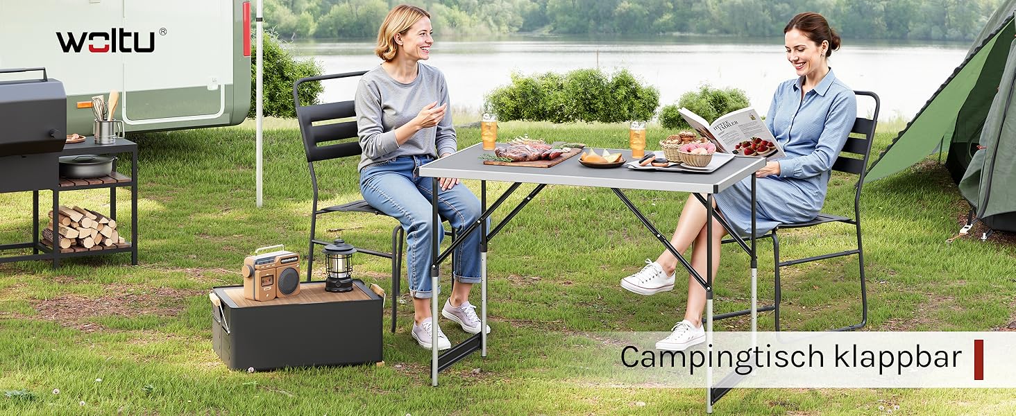 Стіл туристичний складний, садовий, для відпочинку, робочий, на балкон, регульована висота, Woltu®, алюміній, сталь, MDF, сірий