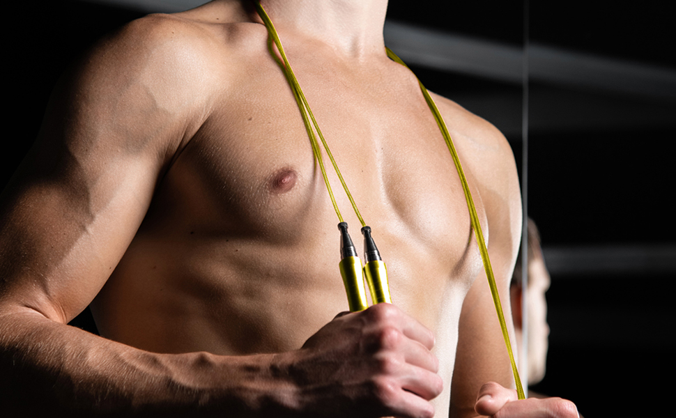 Скакалка PrimaFIT для дорослих: професійна, з регулюванням, з вагою, 3м, 2 підшипники, антиковзні ручки, для боксу, MMA, кросфіту, сталеве тросик, сумка (золота)