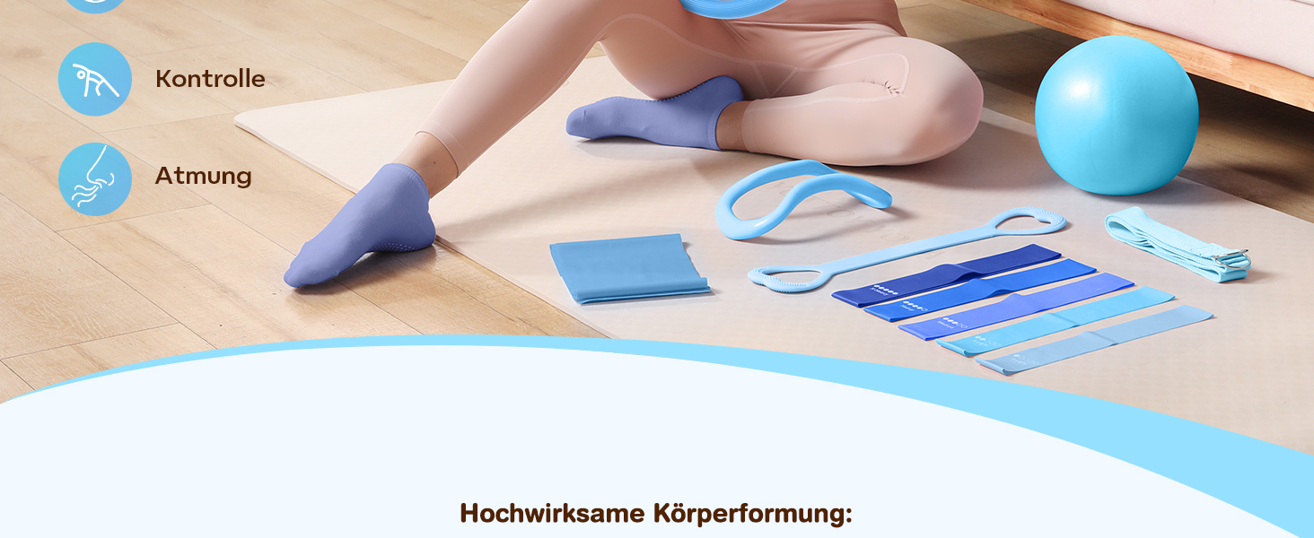 Набір для пілатесу 13 шт: кільце 13', м'яч 10' та еластичні стрічки для жінок вдома. Комплект обладнання для пілатесу для початківців, стрічки та аксесуари (блакитний)